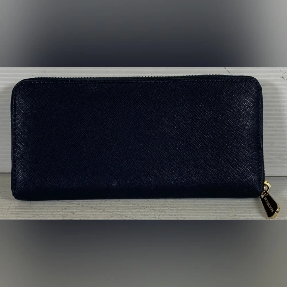 Michael Kors Blue Zip-Around Wallet with Gold Hardware.